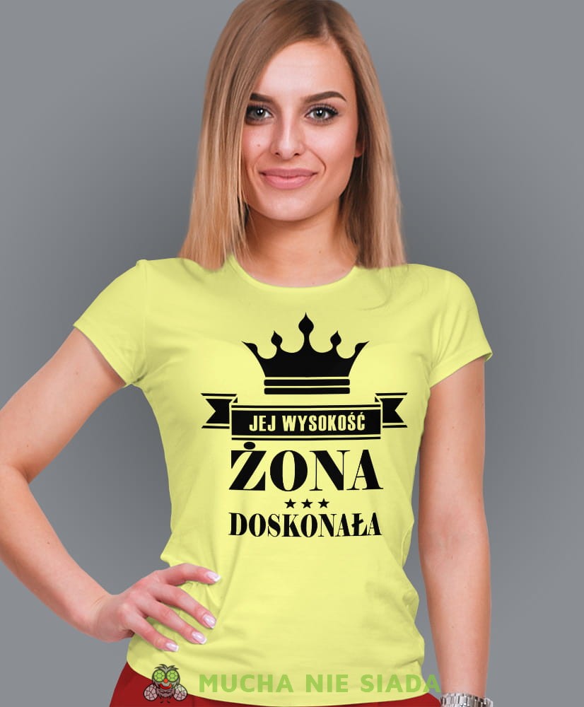 jej wysokość żona doskonała żółta damska koszulka dla żony z nadrukiem na prezent na urodziny.jpg