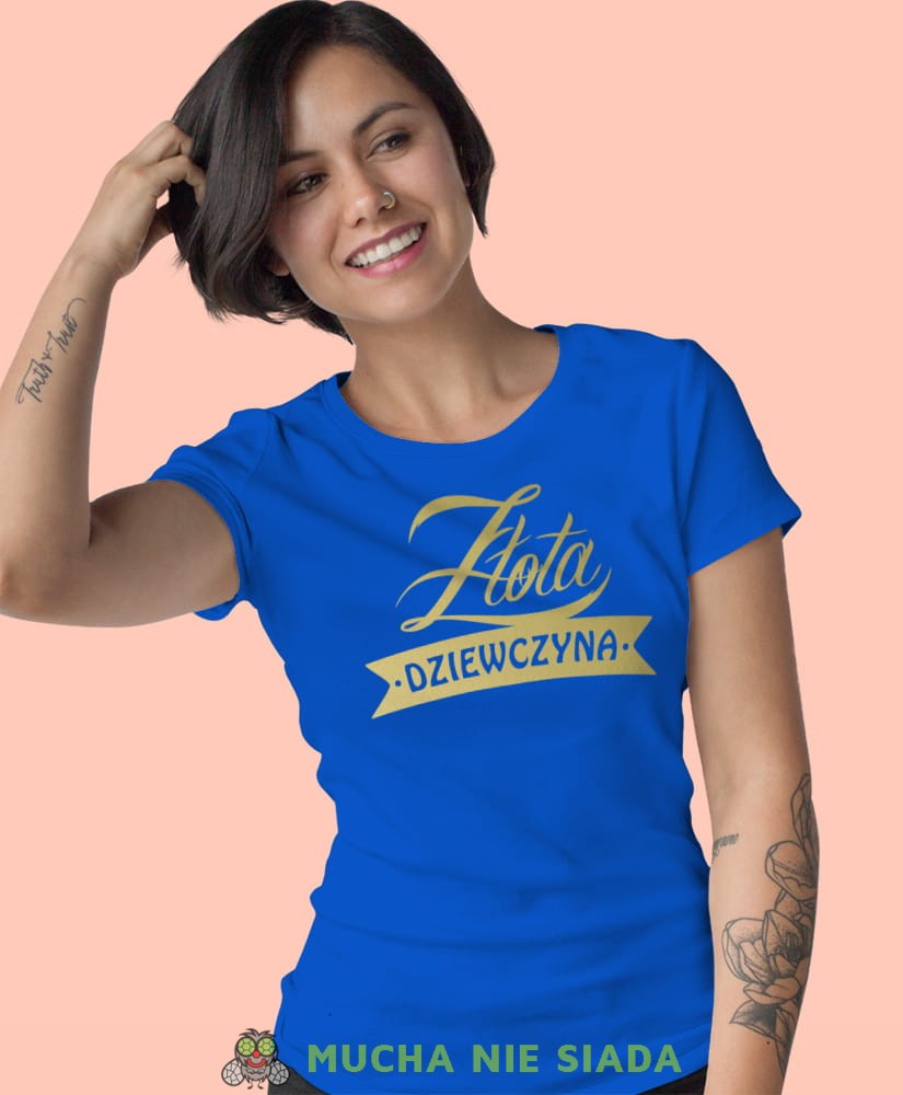 złota dziewczyna niebieska damska koszulka z nadrukiem na prezent dla dziewczyny.jpg