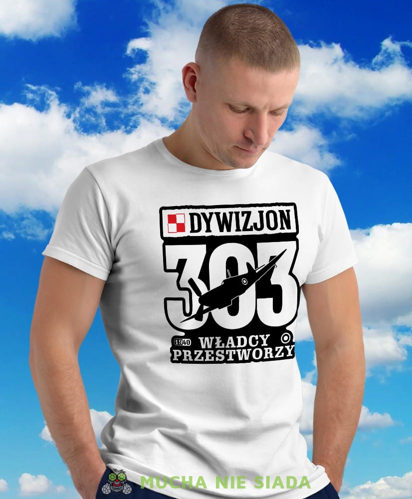 Dywizjon 303 Władcy Przestworzy, biała męska koszulka z nadrukiem, koszulka patriotyczna, koszulki z grafiką patriotyczną, dla mężczyzny, dla chłopaka na prezent, koszulka Polska, koszulki Polska.jpg