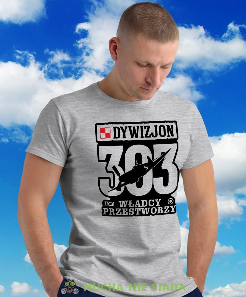Dywizjon 303 Władcy Przestworzy, szara męska koszulka z nadrukiem, koszulka patriotyczna, koszulki z grafiką patriotyczną, dla mężczyzny, dla chłopaka na prezent, koszulka Polska, koszulki Polska.jpg