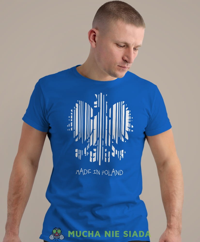 Made in Poland, niebieska męska koszulka z nadrukiem, koszulka patriotyczna, koszulki z grafiką patriotyczną, dla mężczyzny, dla chłopaka na prezent, koszulka Polska, koszulki Polska.jpg