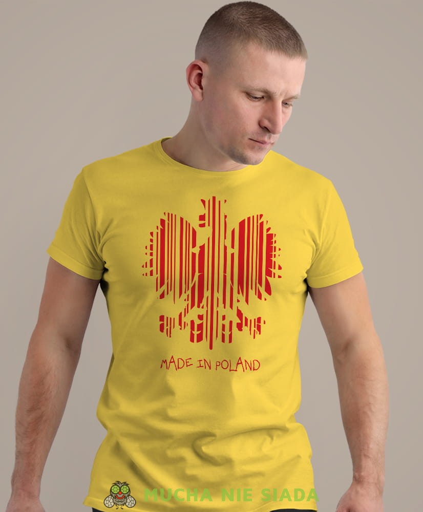 Made in Poland, żółta męska koszulka z nadrukiem, koszulka patriotyczna, koszulki z grafiką patriotyczną, dla mężczyzny, dla chłopaka na prezent, koszulka Polska, koszulki Polska.jpg