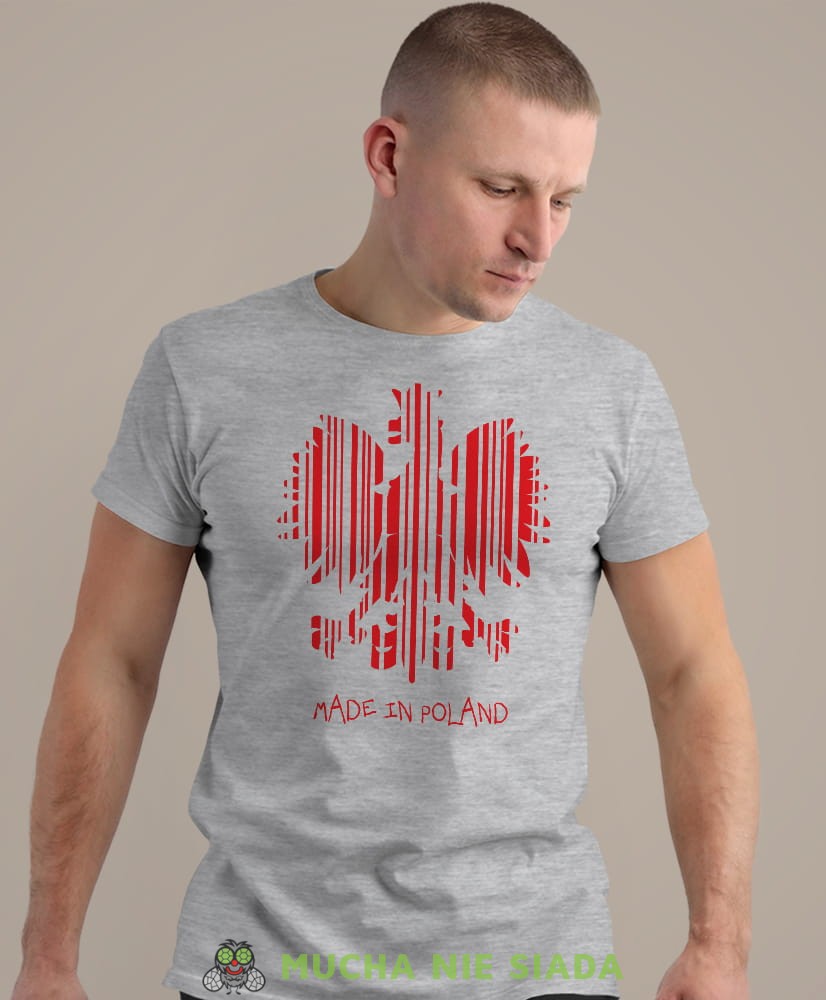 Made in Poland, szara męska koszulka z nadrukiem, koszulka patriotyczna, koszulki z grafiką patriotyczną, dla mężczyzny, dla chłopaka na prezent, koszulka Polska, koszulki Polska.jpg