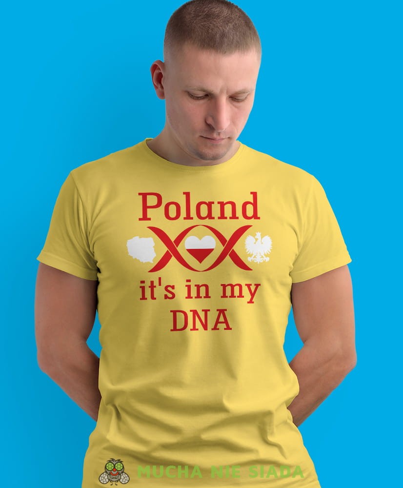 Poland it's in my dna, żółta męska koszulka z nadrukiem, koszulka patriotyczna, koszulki z grafiką patriotyczną, dla mężczyzny, dla chłopaka na prezent, koszulka Polska, koszulki Polska.jpg