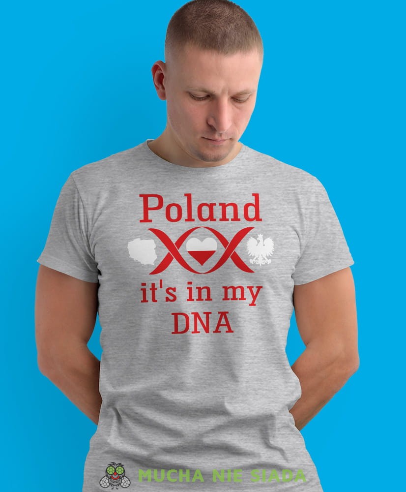 Poland it's in my dna, szara męska koszulka z nadrukiem, koszulka patriotyczna, koszulki z grafiką patriotyczną, dla mężczyzny, dla chłopaka na prezent, koszulka Polska, koszulki Polska.jpg
