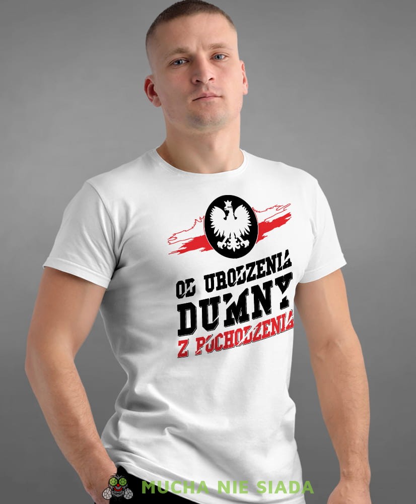 od urodzenia dumny  pochodzenia orzeł, biała męska koszulka z nadrukiem, koszulka patriotyczna, koszulki z grafiką patriotyczną, dla mężczyzny, dla chłopaka na prezent, koszulka Polska, koszulki Polska.jpg