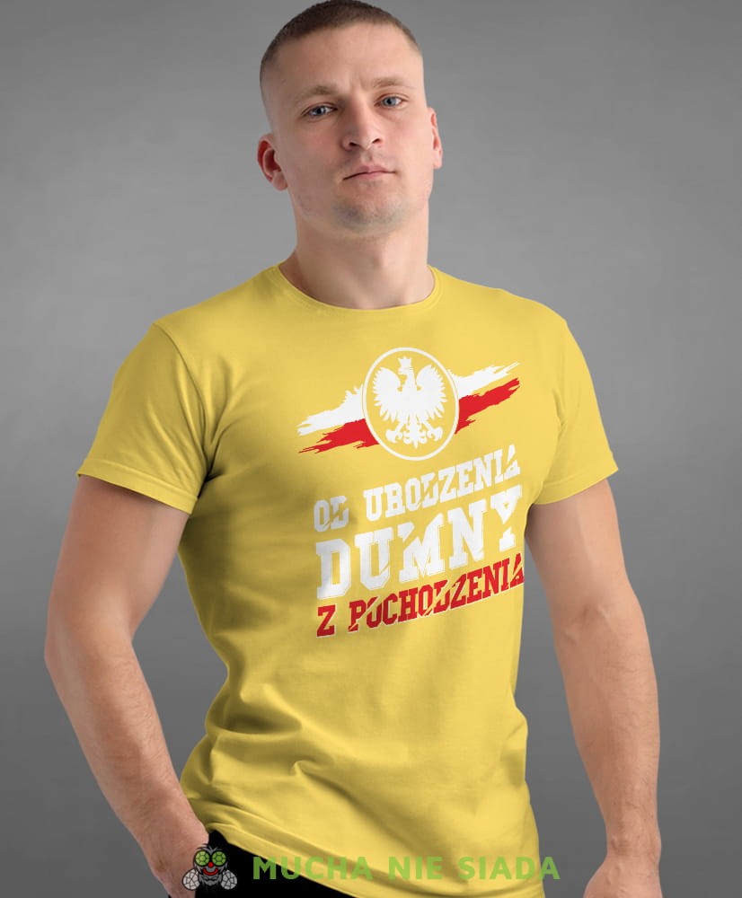 od urodzenia dumny  pochodzenia orzeł, żółta męska koszulka z nadrukiem, koszulka patriotyczna, koszulki z grafiką patriotyczną, dla mężczyzny, dla chłopaka na prezent, koszulka Polska, koszulki Polska.jpg