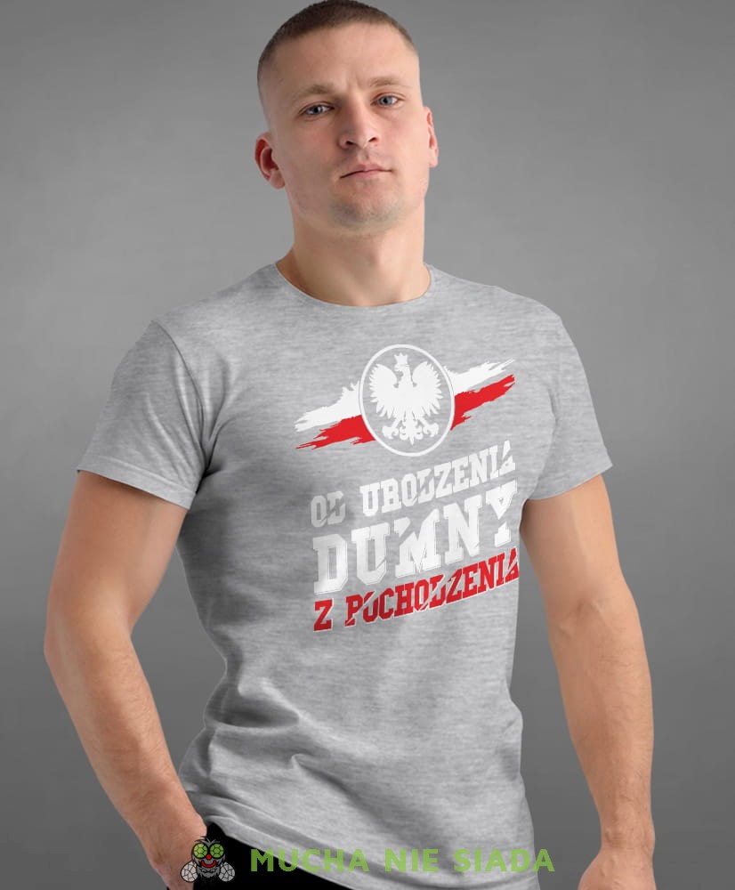 od urodzenia dumny  pochodzenia orzeł, szara męska koszulka z nadrukiem, koszulka patriotyczna, koszulki z grafiką patriotyczną, dla mężczyzny, dla chłopaka na prezent, koszulka Polska, koszulki Polska.jpg