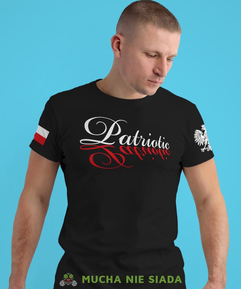 patriotic Orzeł Polski flaga biało czerwona,  czarna męska koszulka z nadrukiem, koszulka patriotyczna, koszulki z grafiką patriotyczną, dla mężczyzny, dla chłopaka na prezent, koszulka Polska, koszulki Polska.jpg