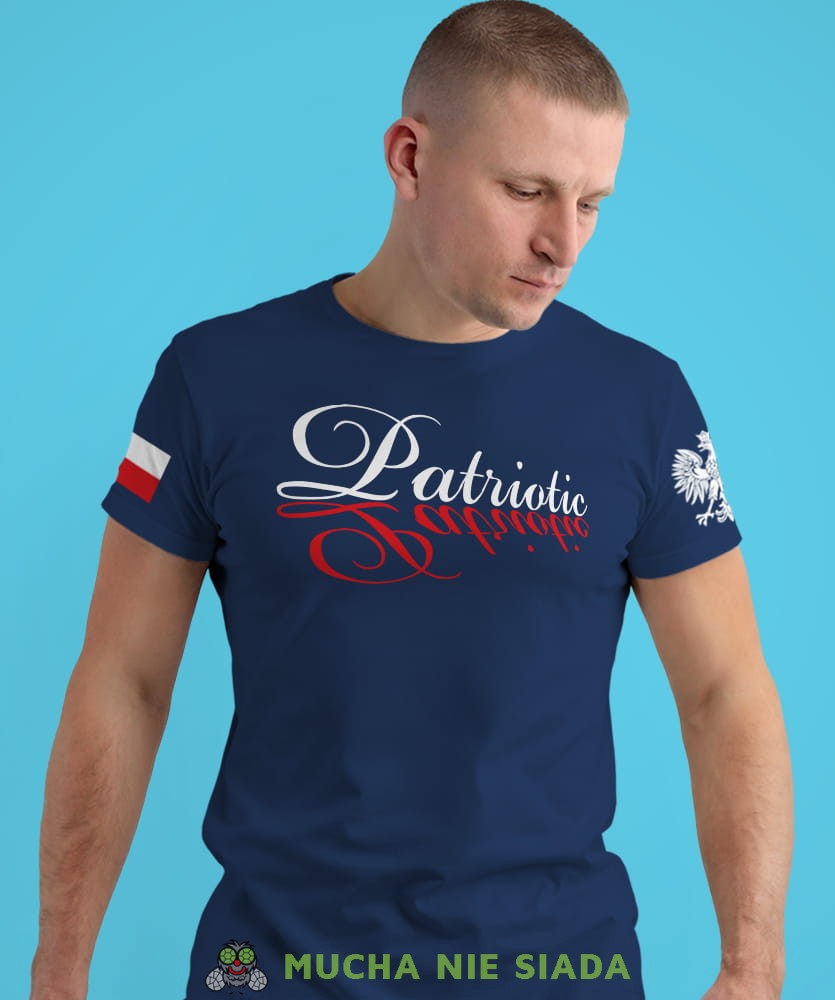 patriotic Orzeł Polski flaga biało czerwona, granatowa męska koszulka z nadrukiem, koszulka patriotyczna, koszulki z grafiką patriotyczną, dla mężczyzny, dla chłopaka na prezent, koszulka Polska, koszulki Polska.jpg