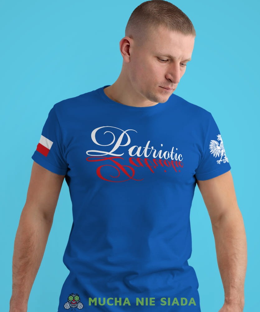 patriotic Orzeł Polski flaga biało czerwona, niebieska męska koszulka z nadrukiem, koszulka patriotyczna, koszulki z grafiką patriotyczną, dla mężczyzny, dla chłopaka na prezent, koszulka Polska, koszulki Polska.jpg