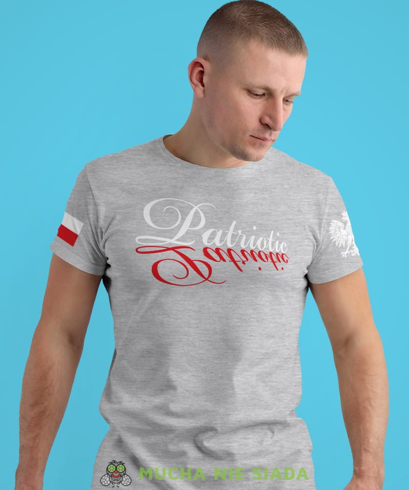 patriotic Orzeł Polski flaga biało czerwona, szara męska koszulka z nadrukiem, koszulka patriotyczna, koszulki z grafiką patriotyczną, dla mężczyzny, dla chłopaka na prezent, koszulka Polska, koszulki Polska.jpg