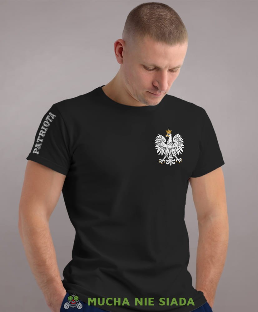 Patriota Orzeł Polski, czarna męska koszulka z nadrukiem, koszulka patriotyczna, koszulki z grafiką patriotyczną, dla mężczyzny, dla chłopaka na prezent, koszulka Polska, koszulki Polska.jpg