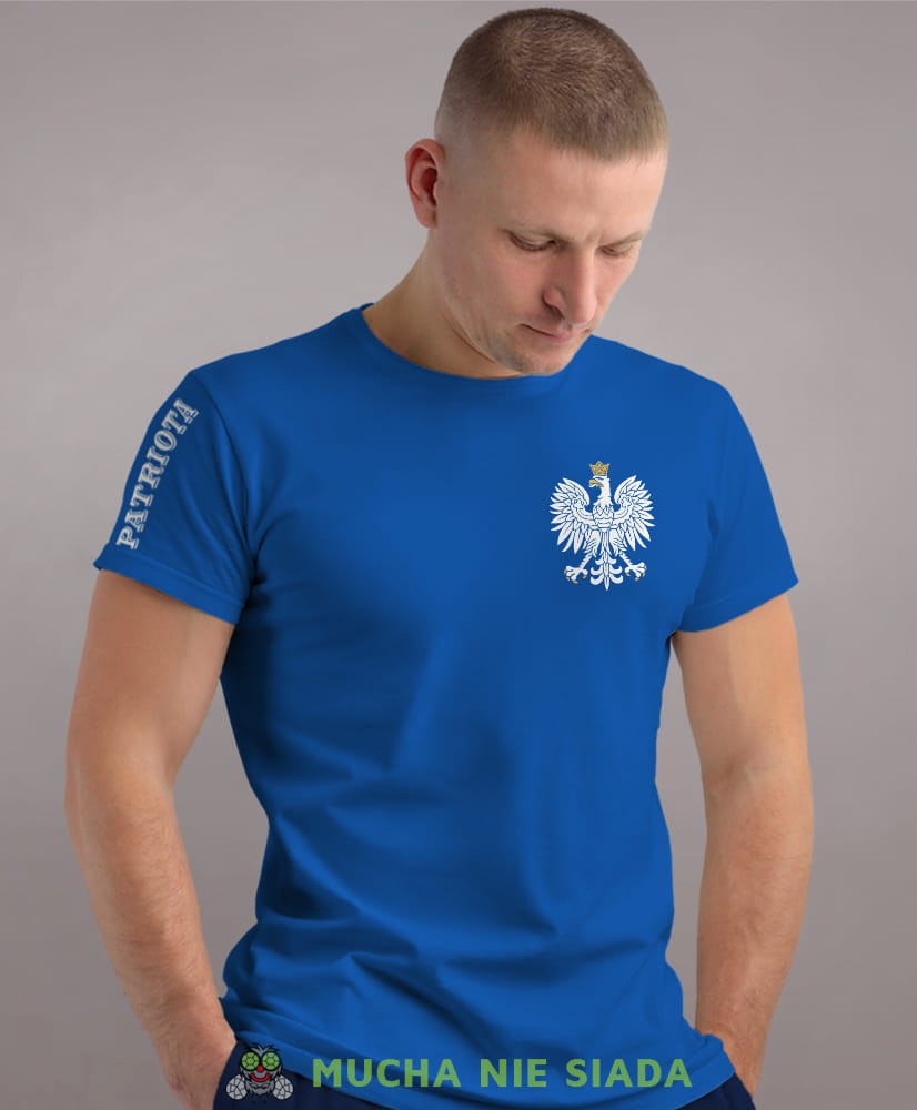 Patriota Orzeł Polski, niebieska męska koszulka z nadrukiem, koszulka patriotyczna, koszulki z grafiką patriotyczną, dla mężczyzny, dla chłopaka na prezent, koszulka Polska, koszulki Polska.jpg