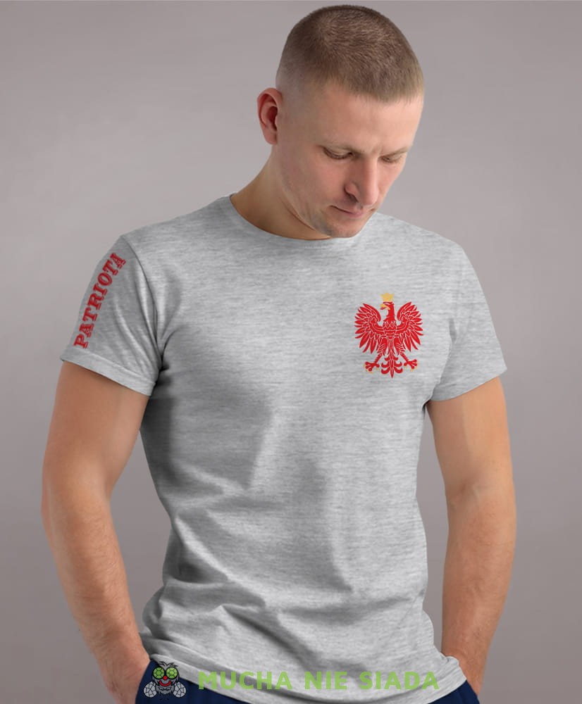 Patriota Orzeł Polski, szara męska koszulka z nadrukiem, koszulka patriotyczna, koszulki z grafiką patriotyczną, dla mężczyzny, dla chłopaka na prezent, koszulka Polska, koszulki Polska.jpg