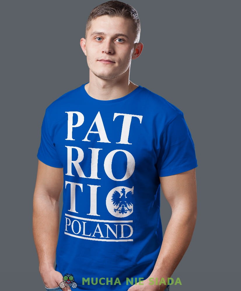 Patrioric Poland, niebieska męska koszulka z nadrukiem, koszulka patriotyczna, koszulki z grafiką patriotyczną, dla mężczyzny, dla chłopaka na prezent, koszulka Polska, koszulki Polska.jpg