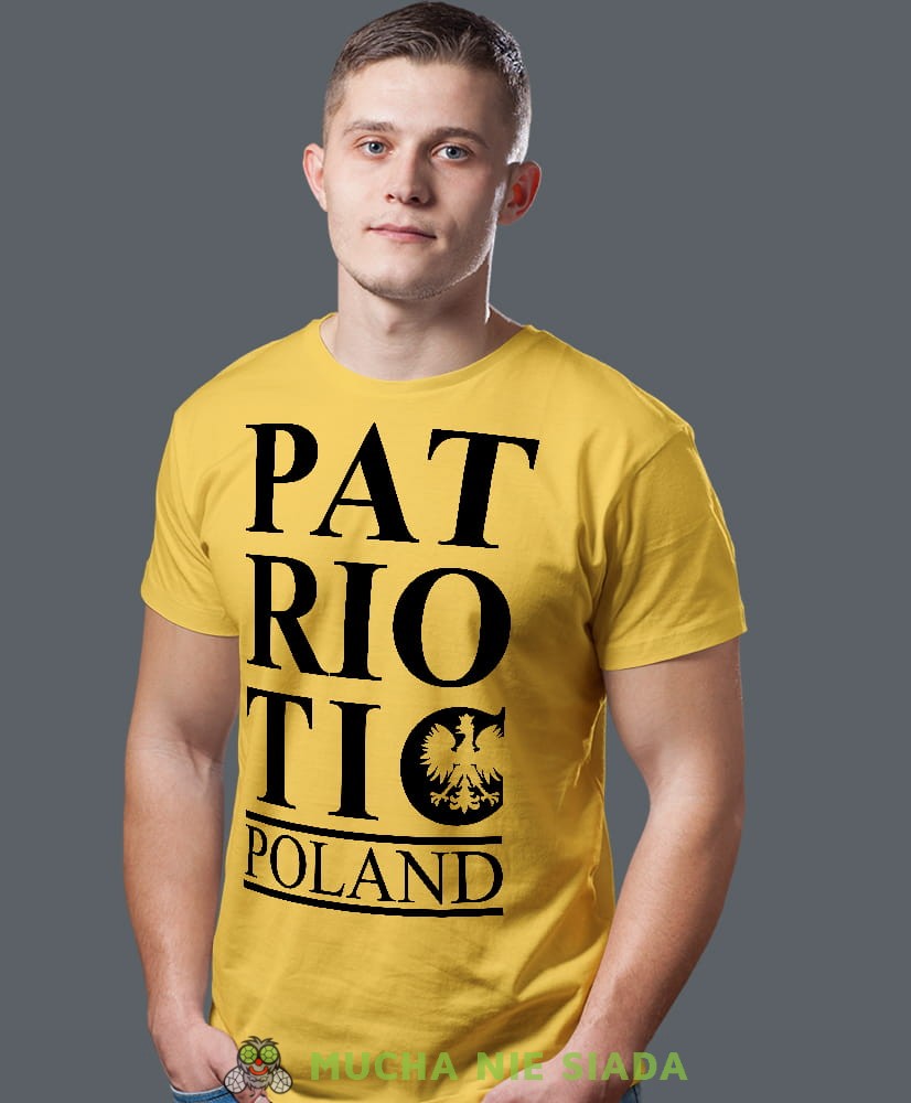 Patrioric Poland, żółta męska koszulka z nadrukiem, koszulka patriotyczna, koszulki z grafiką patriotyczną, dla mężczyzny, dla chłopaka na prezent, koszulka Polska, koszulki Polska.jpg