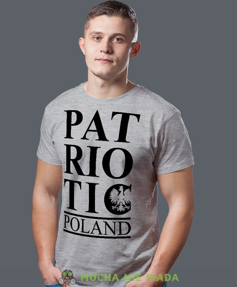 Patrioric Poland, szara męska koszulka z nadrukiem, koszulka patriotyczna, koszulki z grafiką patriotyczną, dla mężczyzny, dla chłopaka na prezent, koszulka Polska, koszulki Polska.jpg
