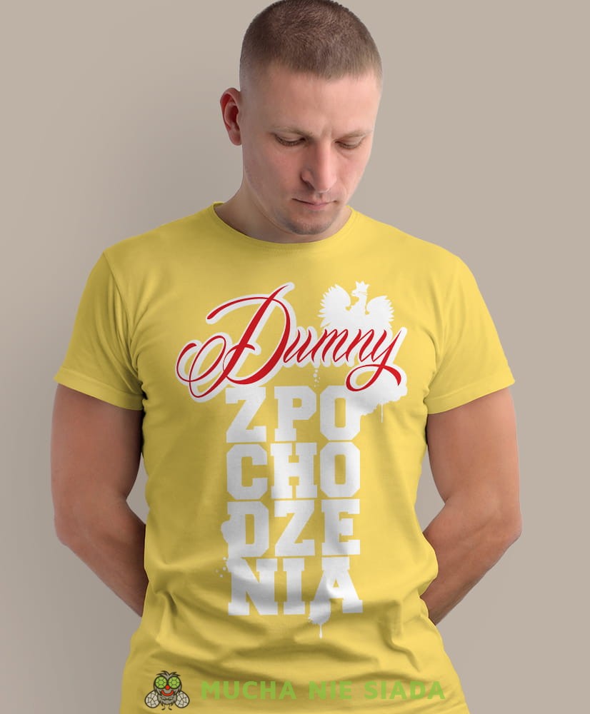 dumny  pochodzenia orzeł Polski, żółta męska koszulka z nadrukiem, koszulka patriotyczna, koszulki z grafiką patriotyczną, dla mężczyzny, dla chłopaka na prezent, koszulka Polska, koszulki Polska.jpg