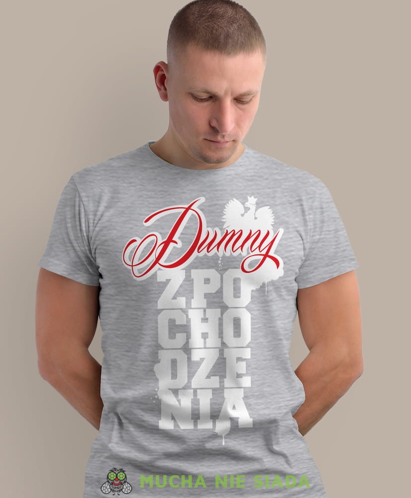 dumny  pochodzenia orzeł Polski, szara męska koszulka z nadrukiem, koszulka patriotyczna, koszulki z grafiką patriotyczną, dla mężczyzny, dla chłopaka na prezent, koszulka Polska, koszulki Polska.jpg