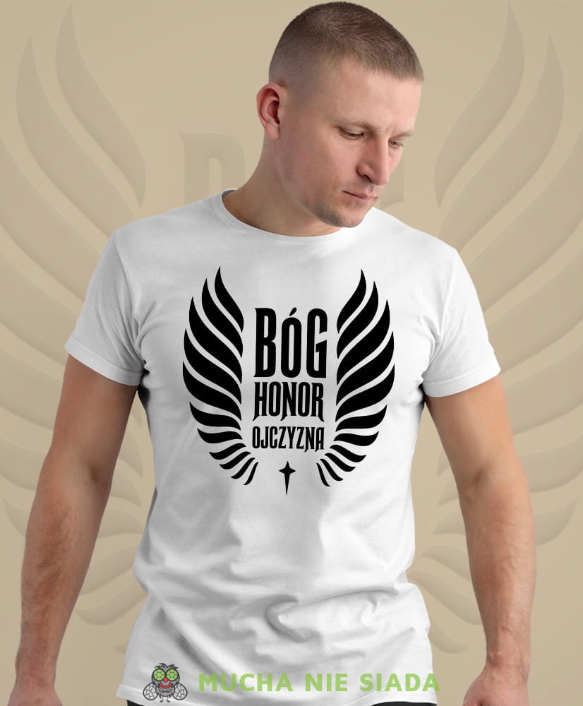 Bóg Honor Ojczyzna husaria, biała męska koszulka z nadrukiem, koszulka patriotyczna, koszulki z grafiką patriotyczną, dla mężczyzny, dla chłopaka na prezent, koszulka Polska, koszulki Polska.jpg
