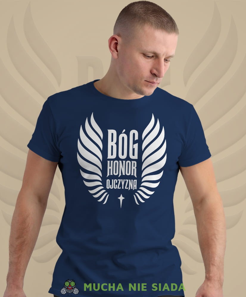 Bóg Honor Ojczyzna husaria, granatowa męska koszulka z nadrukiem, koszulka patriotyczna, koszulki z grafiką patriotyczną, dla mężczyzny, dla chłopaka na prezent, koszulka Polska, koszulki Polska.jpg