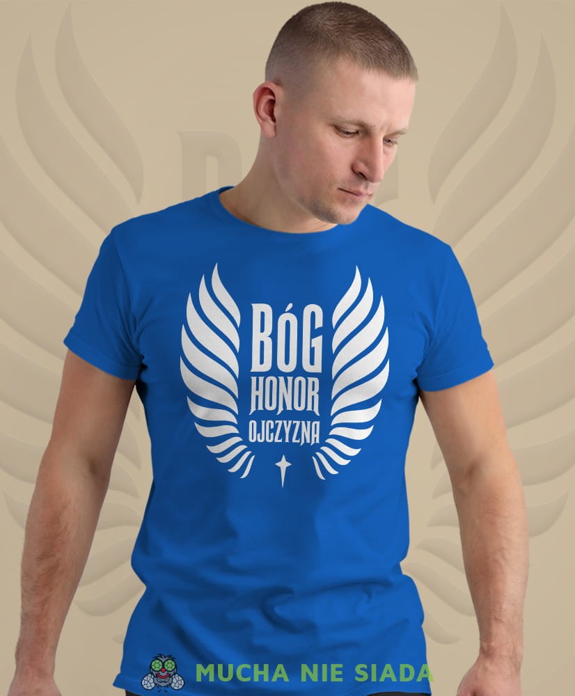 Bóg Honor Ojczyzna husaria, niebieska męska koszulka z nadrukiem, koszulka patriotyczna, koszulki z grafiką patriotyczną, dla mężczyzny, dla chłopaka na prezent, koszulka Polska, koszulki Polska.jpg