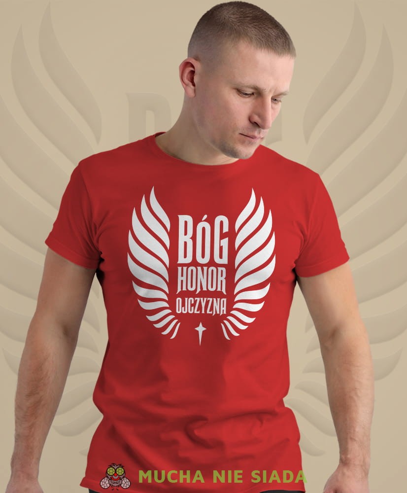Bóg Honor Ojczyzna husaria, czerwona męska koszulka z nadrukiem, koszulka patriotyczna, koszulki z grafiką patriotyczną, dla mężczyzny, dla chłopaka na prezent, koszulka Polska, koszulki Polska.jpg