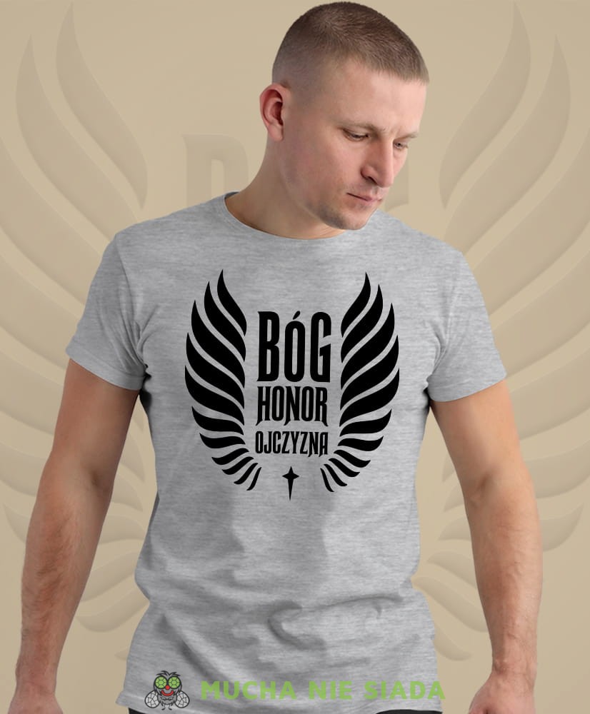 Bóg Honor Ojczyzna husaria, szara męska koszulka z nadrukiem, koszulka patriotyczna, koszulki z grafiką patriotyczną, dla mężczyzny, dla chłopaka na prezent, koszulka Polska, koszulki Polska.jpg