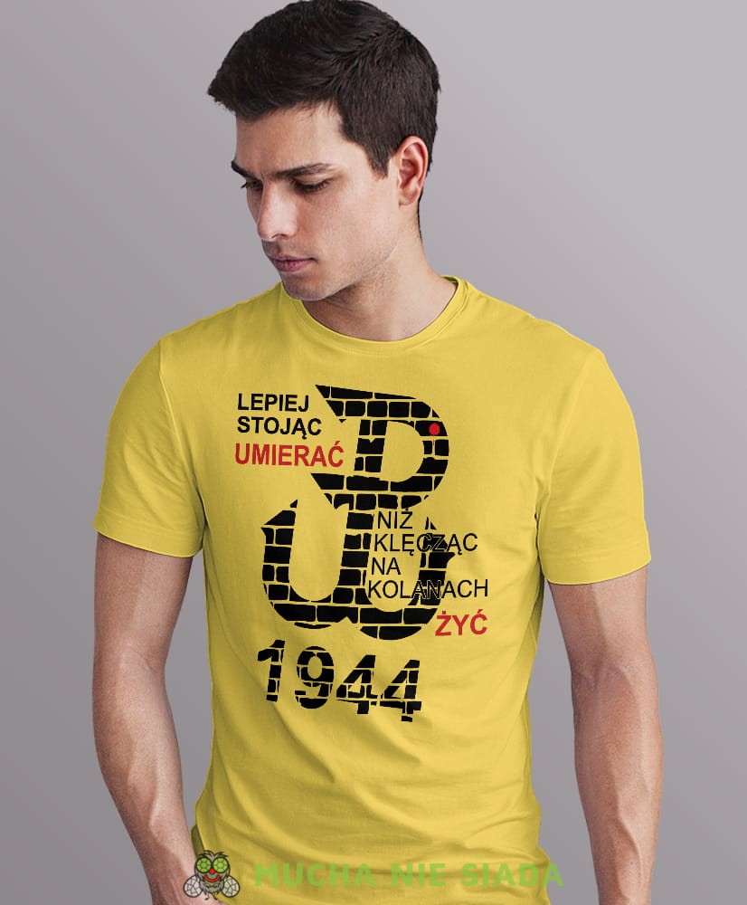 lepiej stojąc umierać niż na kolanach żyć polska walcząca 1944, żółta męska koszulka z nadrukiem, koszulka patriotyczna, dla mężczyzny, dla chłopaka na prezent, koszulka Polska, koszulki Polska.jpg