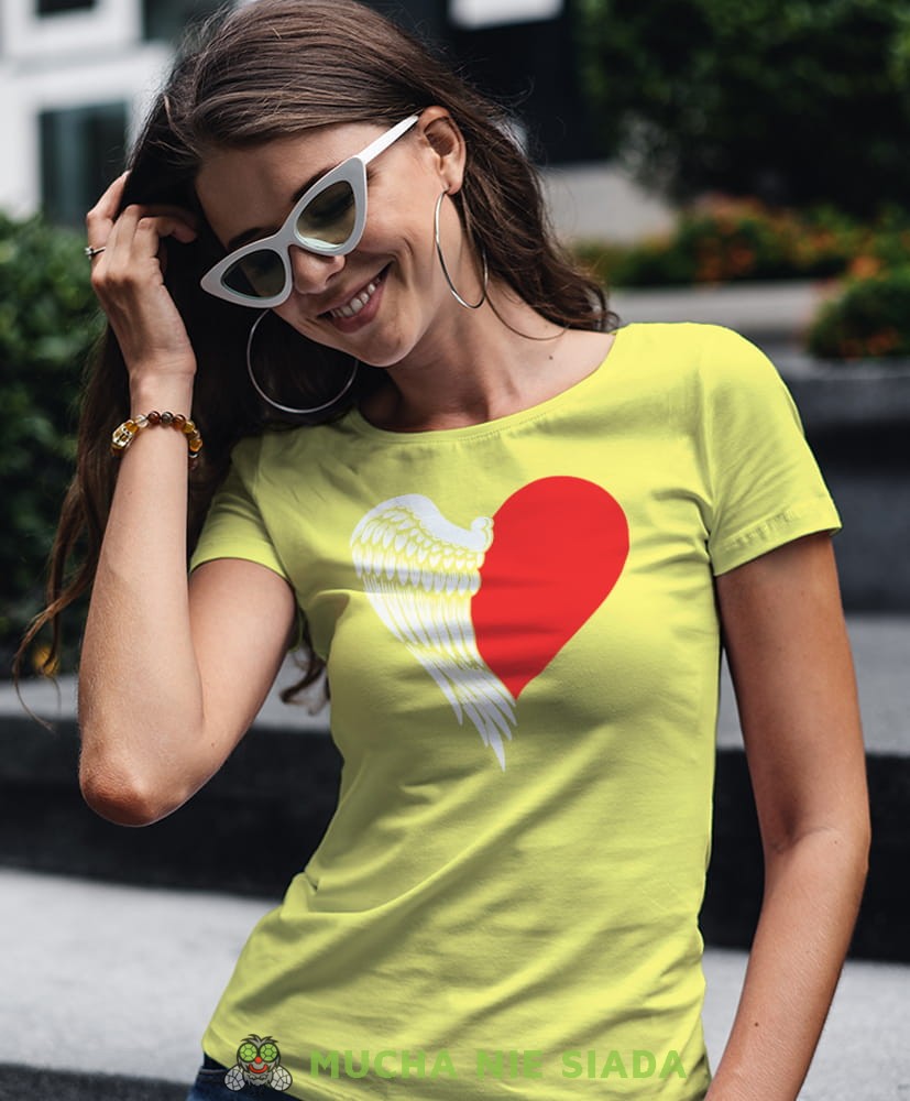 polska serce anioł żółta damska koszulka patriotyczna, patriotka, koszulka dla niej, dla dziewczyny, koszulka na prezent.jpg