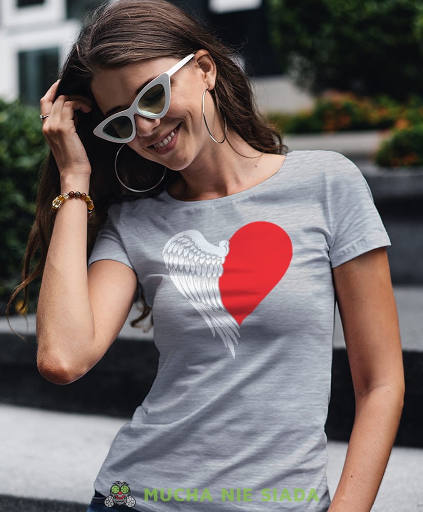 polska serce anioł szara damska koszulka patriotyczna, patriotka, koszulka dla niej, dla dziewczyny, koszulka na prezent.jpg