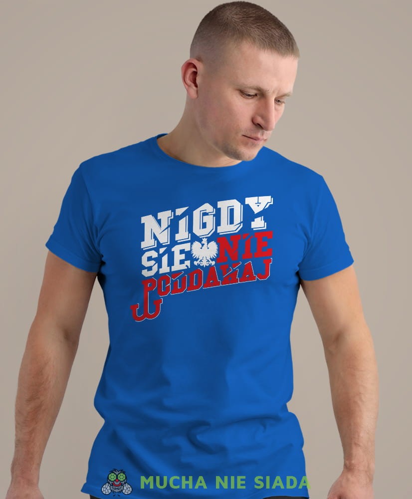 nigdy się nie poddawaj Orzeł Polski Polska Walcząca, niebieska męska koszulka z nadrukiem, koszulka patriotyczna, koszulki z grafiką patriotyczną, dla mężczyzny, dla chłopaka na prezent, koszulka Polska, koszulki Polska.jpg