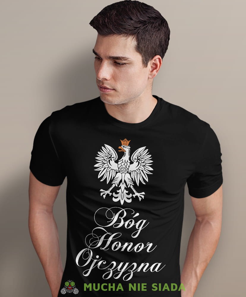 Bóg Honor Ojczyzna Orzeł Polski, czarna męska koszulka z nadrukiem, koszulka patriotyczna, koszulki z grafiką patriotyczną, dla mężczyzny, dla chłopaka na prezent, koszulka Polska, koszulki Polska.jpg