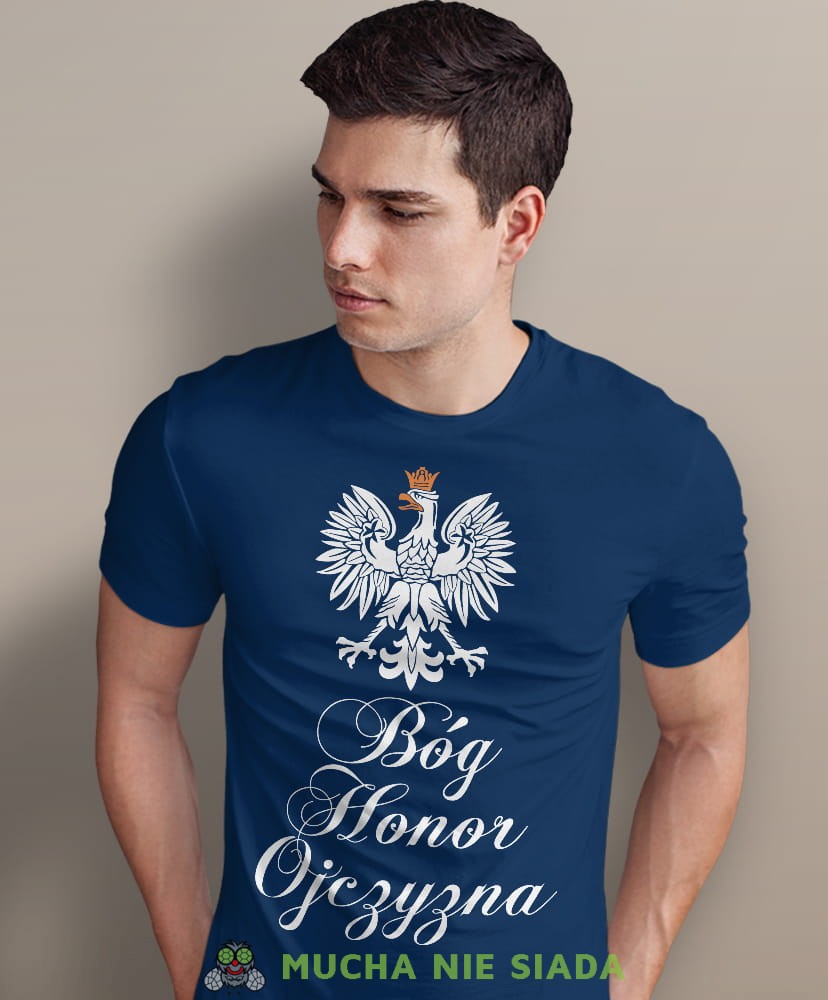 Bóg Honor Ojczyzna Orzeł Polski, granatowa męska koszulka z nadrukiem, koszulka patriotyczna, koszulki z grafiką patriotyczną, dla mężczyzny, dla chłopaka na prezent, koszulka Polska, koszulki Polska.jpg