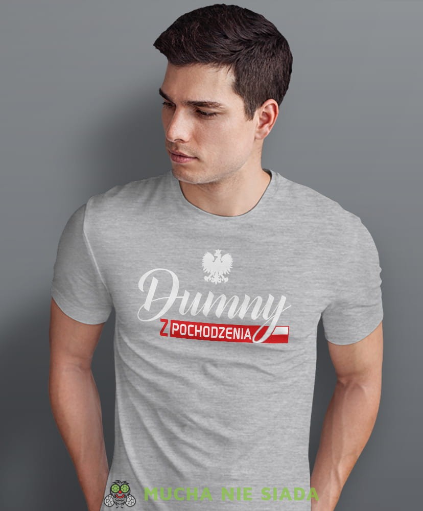 dumny  pochodzenia orzeł flaga Polski, szara męska koszulka z nadrukiem, koszulka patriotyczna, koszulki z grafiką patriotyczną, dla mężczyzny, dla chłopaka na prezent, koszulka Polska, koszulki Polska.jpg
