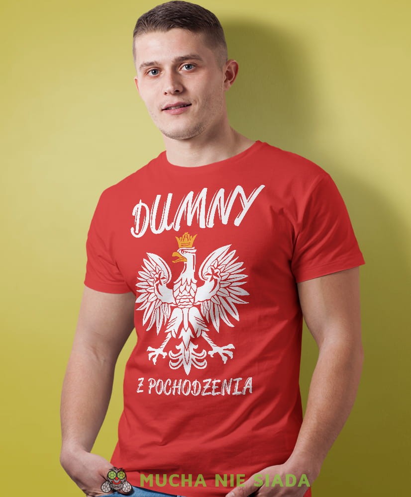 dumny z  pochodzenia, czerwona męska koszulka z nadrukiem, koszulka patriotyczna, koszulki z grafiką patriotyczną, dla mężczyzny, dla chłopaka na prezent, koszulka Polska, koszulki Polska.jpg