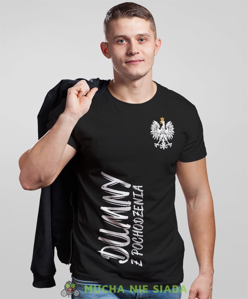 dumny z  pochodzenia Orzeł Polski pion, czarna męska koszulka z nadrukiem, koszulka patriotyczna, koszulki z grafiką patriotyczną, dla mężczyzny, dla chłopaka na prezent, koszulka Polska, koszulki Polska.jpg
