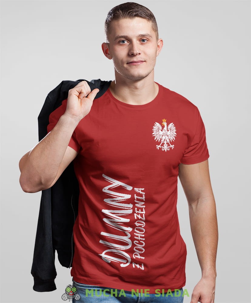 dumny z  pochodzenia Orzeł Polski pion, czerwona męska koszulka z nadrukiem, koszulka patriotyczna, koszulki z grafiką patriotyczną, dla mężczyzny, dla chłopaka na prezent, koszulka Polska, koszulki Polska.jpg