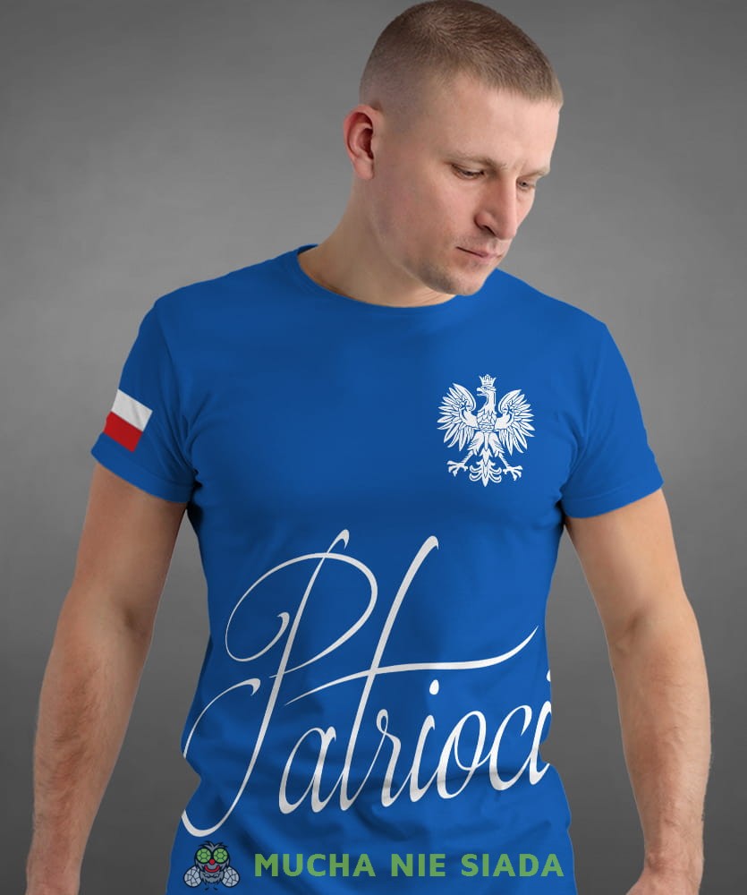 patrioci Orzeł Polski flaga, niebieska męska koszulka z nadrukiem, koszulka patriotyczna, koszulki z grafiką patriotyczną, dla mężczyzny, dla chłopaka na prezent, koszulka Polska, koszulki Polska.jpg