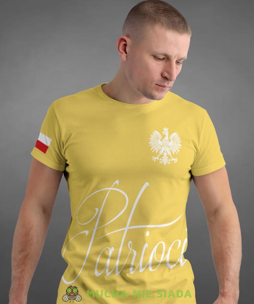 patrioci Orzeł Polski flaga, żółta męska koszulka z nadrukiem, koszulka patriotyczna, koszulki z grafiką patriotyczną, dla mężczyzny, dla chłopaka na prezent, koszulka Polska, koszulki Polska.jpg