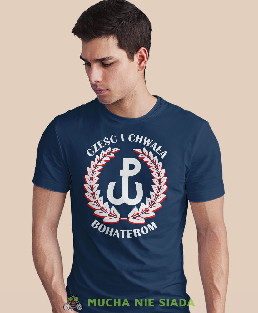 cześć i chwała bohaterom, laur, granatowa męska koszulka z nadrukiem, koszulka patriotyczna, koszulki z grafiką patriotyczną, dla mężczyzny, dla chłopaka na prezent, koszulka Polska, koszulki Polska.jpg