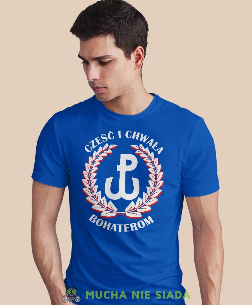 cześć i chwała bohaterom, laur, niebieska męska koszulka z nadrukiem, koszulka patriotyczna, koszulki z grafiką patriotyczną, dla mężczyzny, dla chłopaka na prezent, koszulka Polska, koszulki Polska.jpg