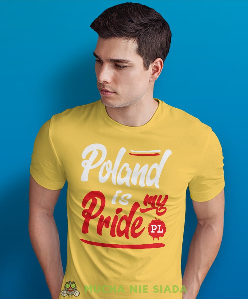 Poland is my pride, PL, żółta męska koszulka z nadrukiem, koszulka patriotyczna, koszulki z grafiką patriotyczną, dla mężczyzny, dla chłopaka na prezent, koszulka Polska, koszulki Polska.jpg