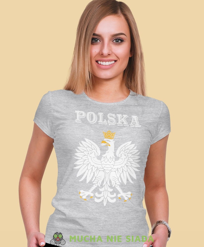 Polska Orzeł Polski szara damska koszulka patriotyczna, patriotka, koszulka dla niej, dla dziewczyny, koszulka na prezent.jpg
