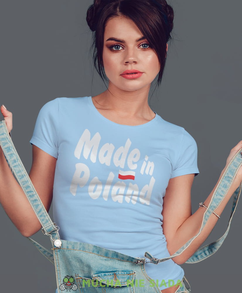 made in poland flaga biało czerwona jasnoniebieska damska koszulka patriotyczna, patriotka, koszulka dla niej, dla dziewczyny, koszulka na prezent.jpg
