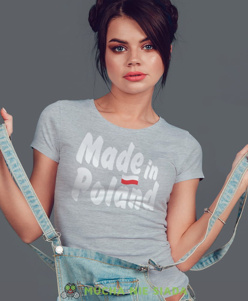 made in poland flaga biało czerwona szara damska koszulka patriotyczna, patriotka, koszulka dla niej, dla dziewczyny, koszulka na prezent.jpg