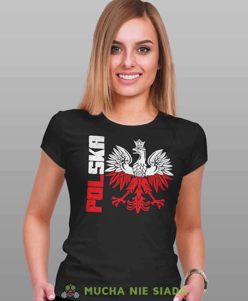Polska Orzeł Polski biało czerwony czarna damska koszulka patriotyczna, patriotka, koszulka dla niej, dla dziewczyny, koszulka na prezent.jpg