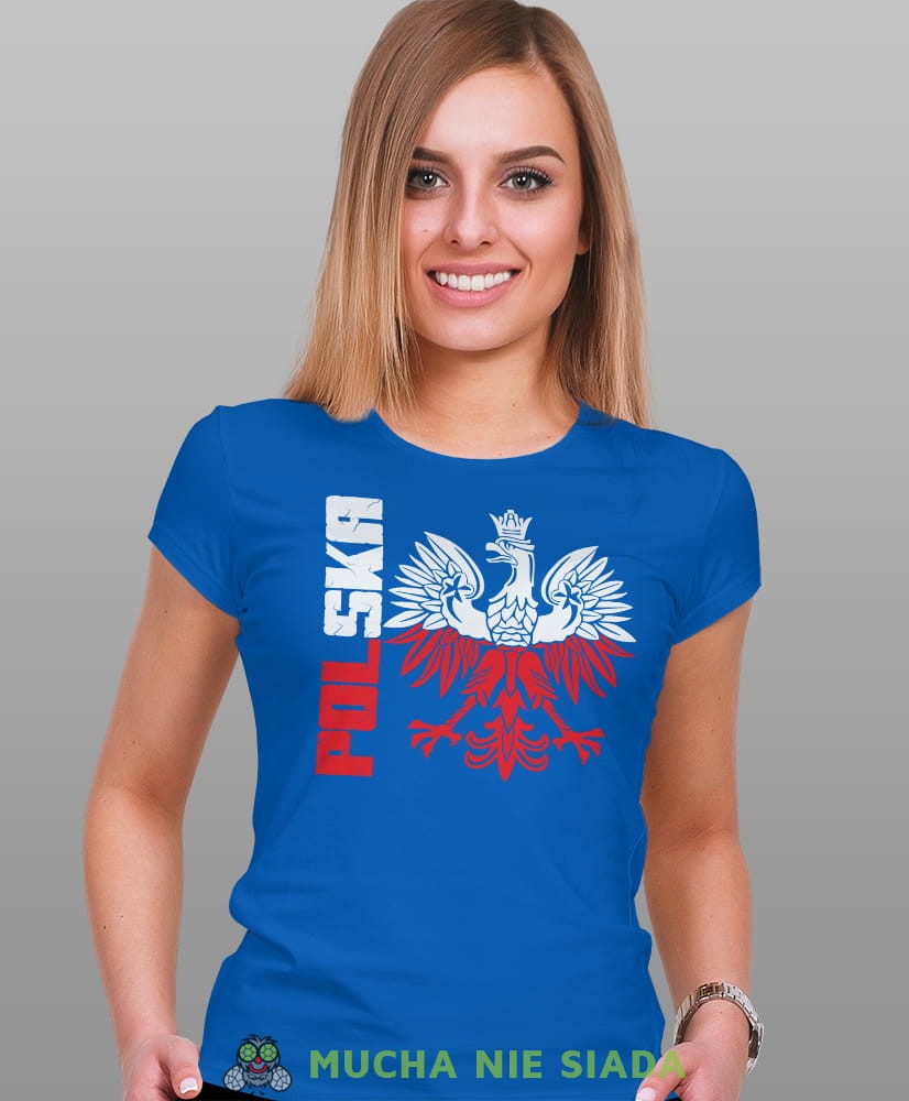 Polska Orzeł Polski biało czerwony niebieska damska koszulka patriotyczna, patriotka, koszulka dla niej, dla dziewczyny, koszulka na prezent.jpg