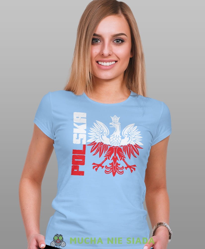 Polska Orzeł Polski biało czerwony jasnoniebieska damska koszulka patriotyczna, patriotka, koszulka dla niej, dla dziewczyny, koszulka na prezent.jpg